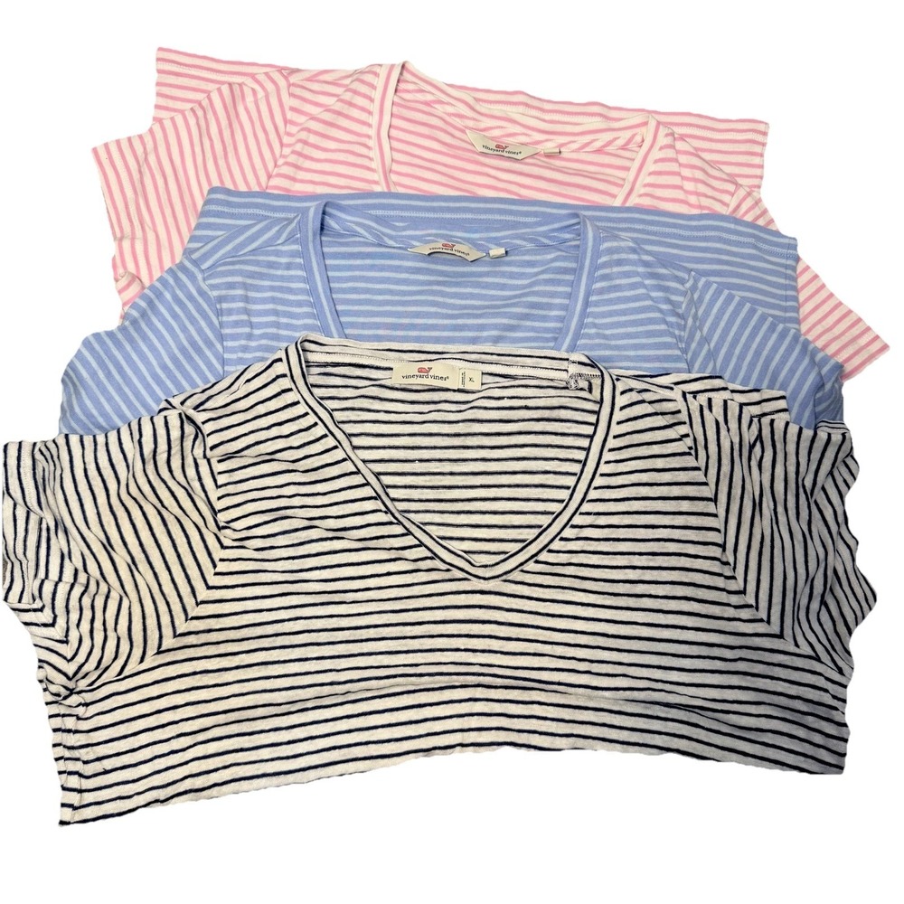 Vineyard Vines Women's XL Linen Striped V Neck Short Sleeve T-Shirts Lot Of 3 - Picture 2 of 9